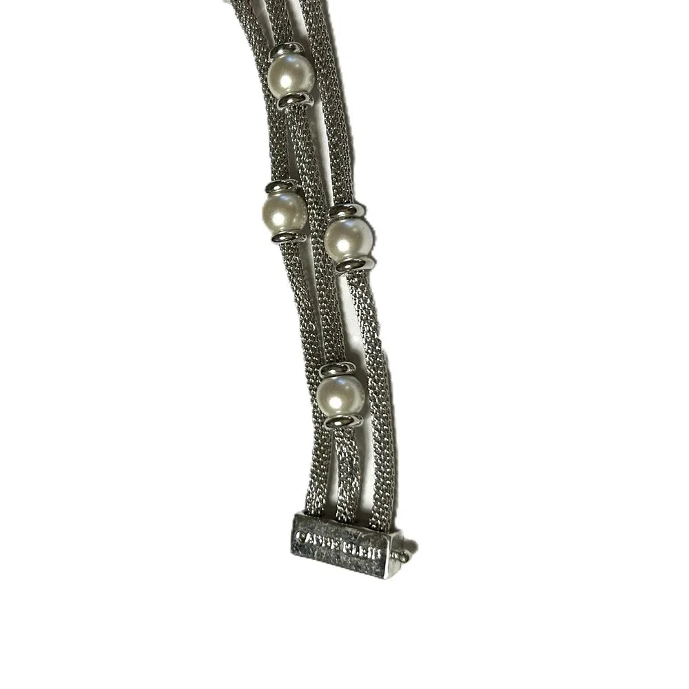 Vintage Anne Klein Silver Tone Mesh Chain Bracelet with faux Pearl Beads - Picture 2 of 3